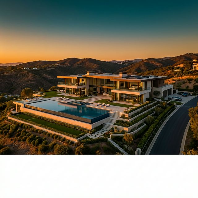 Luxury modern estate at sunset